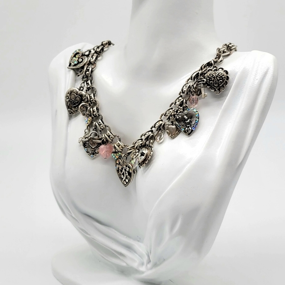 Kirks Folly Vintage Heart, Lock + Key Charm Necklace w/ Aurora Borealis Crystals - Picture 11 of 15